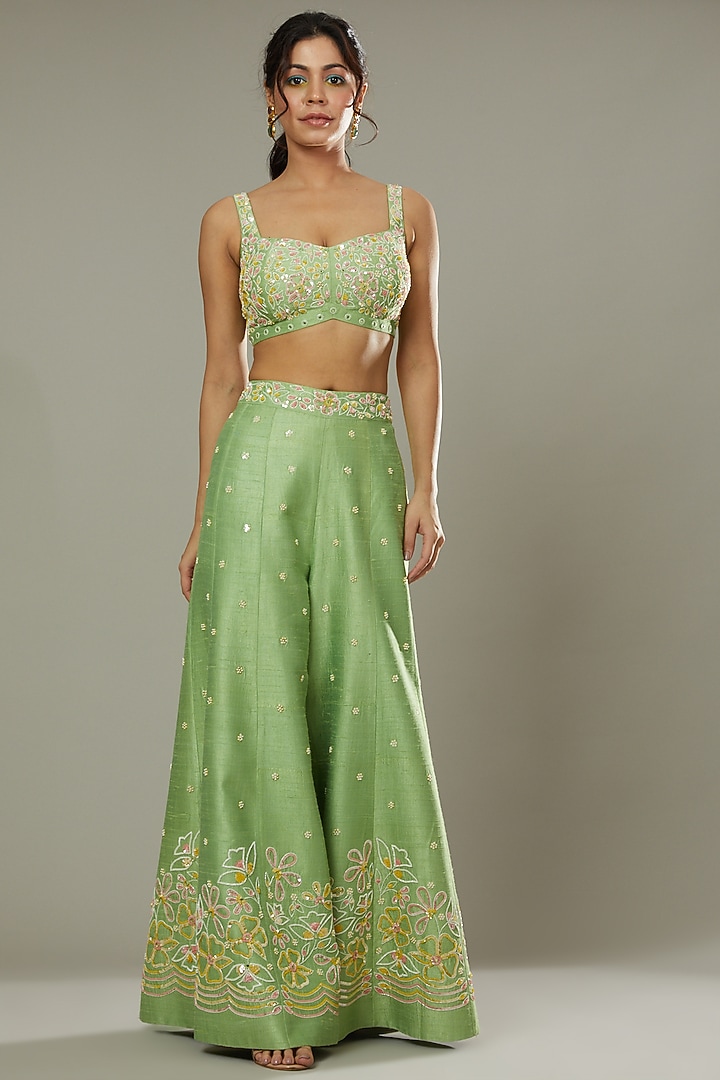 Green Apple Candy Raw Silk Hand Embroidered Palazzo Pant Set by I AM DESIGN at Pernia's Pop Up Shop
