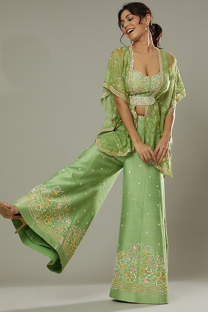 Green Apple Candy Raw Silk Hand Embroidered Palazzo Pant Set by I AM DESIGN at Pernia's Pop Up Shop