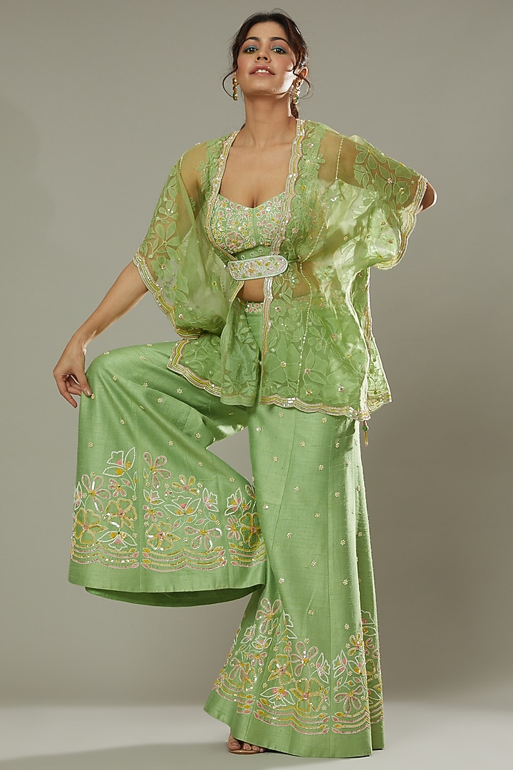 Green Apple Candy Raw Silk Hand Embroidered Palazzo Pant Set by I AM DESIGN at Pernia's Pop Up Shop