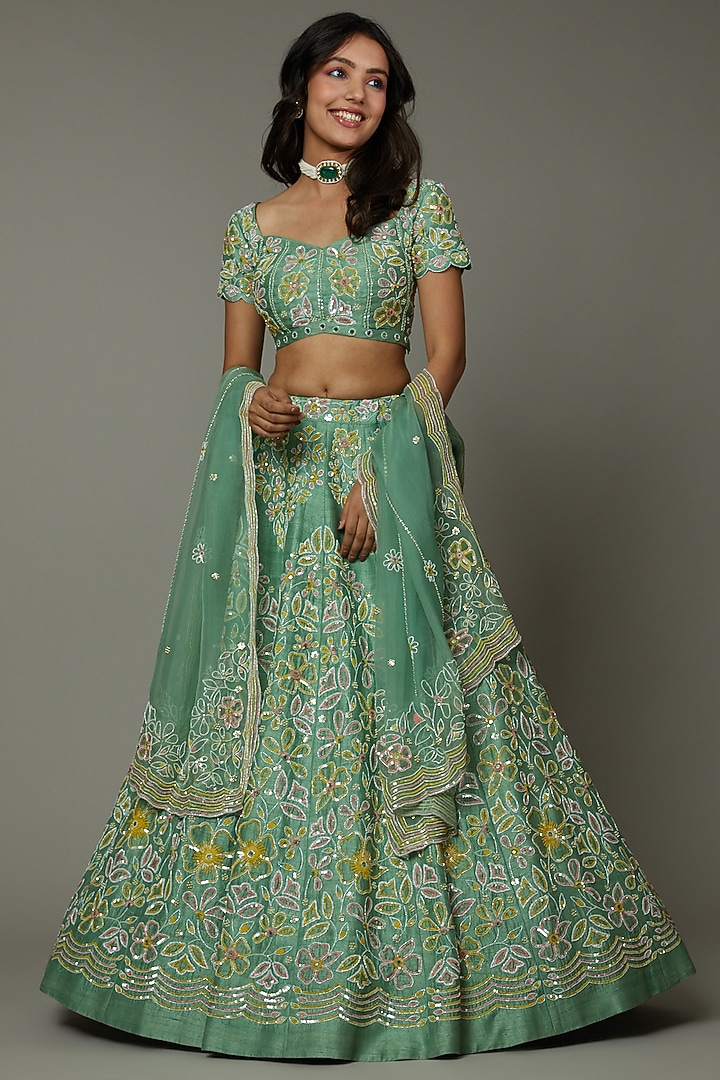 Green Apple Candy Hand Embroidered Raw Silk Bridal Lehenga Set by I AM DESIGN at Pernia's Pop Up Shop