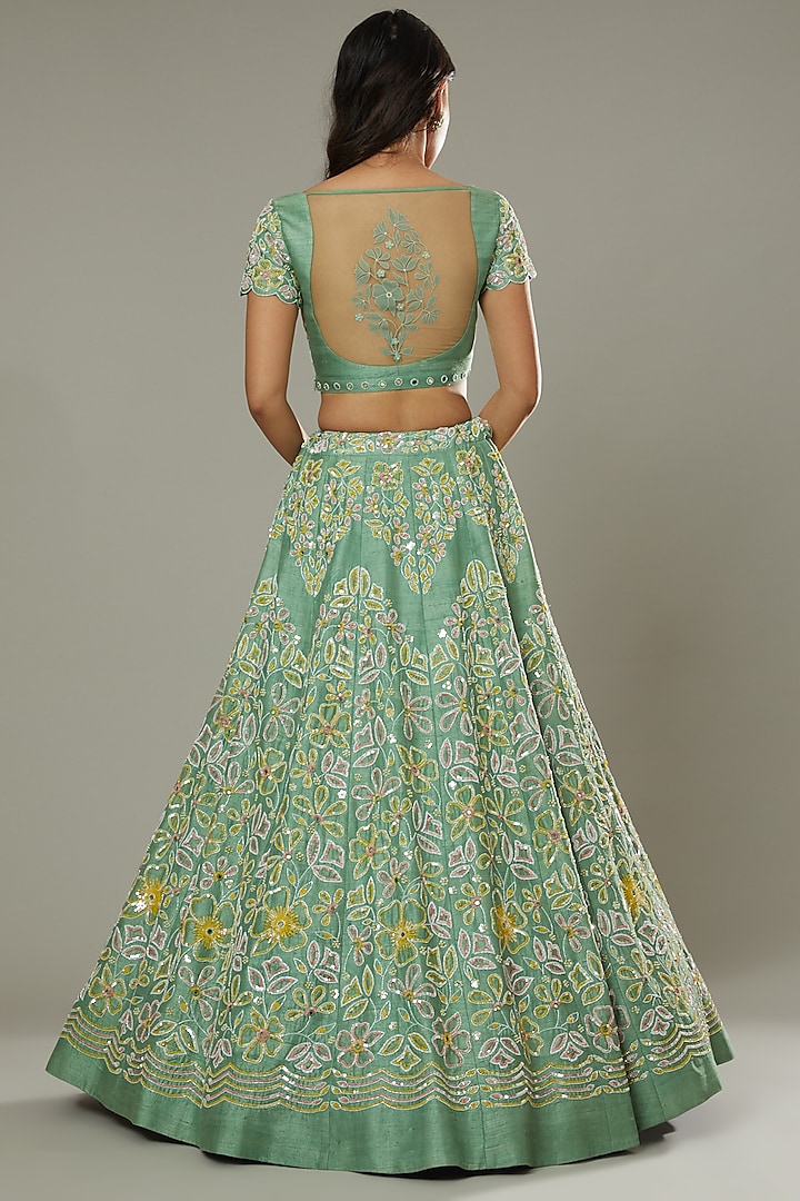 Green Apple Candy Hand Embroidered Raw Silk Bridal Lehenga Set by I AM DESIGN at Pernia's Pop Up Shop