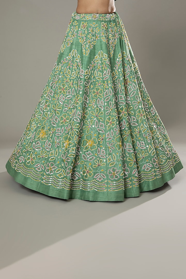 Green Apple Candy Hand Embroidered Raw Silk Bridal Lehenga Set by I AM DESIGN at Pernia's Pop Up Shop