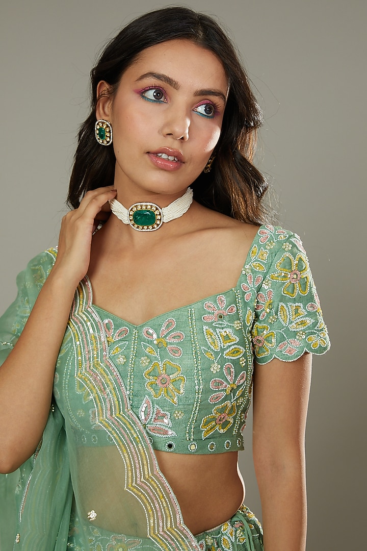 Green Apple Candy Hand Embroidered Raw Silk Bridal Lehenga Set by I AM DESIGN at Pernia's Pop Up Shop