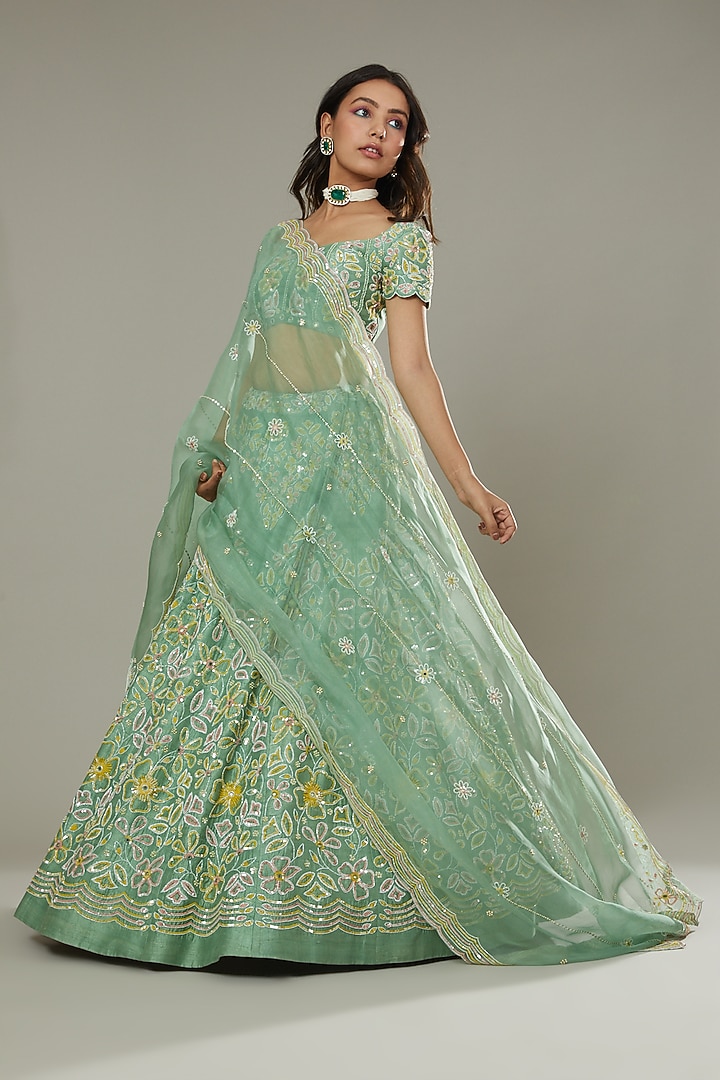 Green Apple Candy Hand Embroidered Raw Silk Bridal Lehenga Set by I AM DESIGN at Pernia's Pop Up Shop