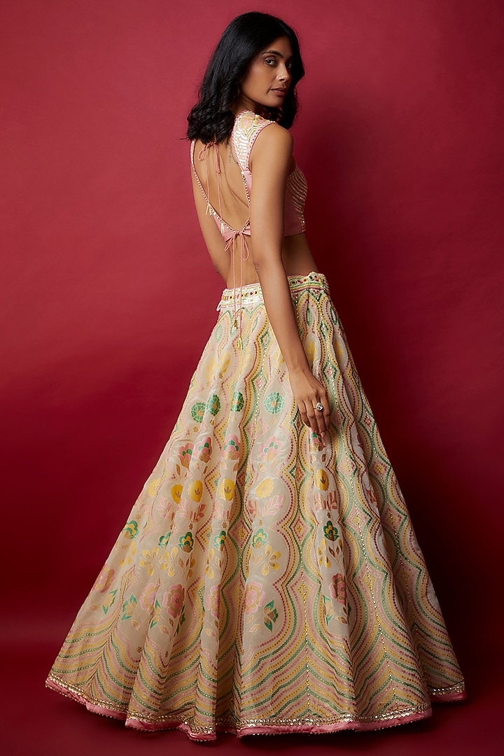 Ivory Silk Zari Blend Floral Hand Printed Wedding Lehenga Set by I AM DESIGN at Pernia's Pop Up Shop