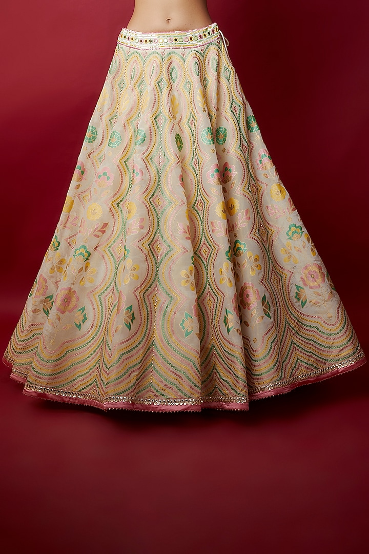 Ivory Silk Zari Blend Floral Hand Printed Wedding Lehenga Set by I AM DESIGN at Pernia's Pop Up Shop