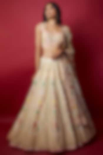 Ivory Silk Zari Blend Floral Hand Printed Wedding Lehenga Set by I AM DESIGN at Pernia's Pop Up Shop