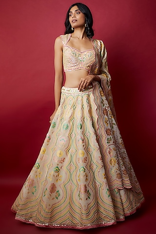 Ivory Silk Zari Blend Floral Hand Printed Lehenga Set by I AM DESIGN