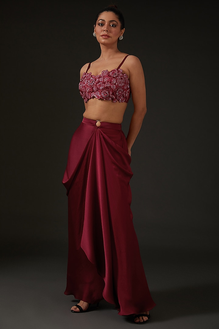 Maroon Silk Draped Skirt Set by I AM DESIGN at Pernia's Pop Up Shop