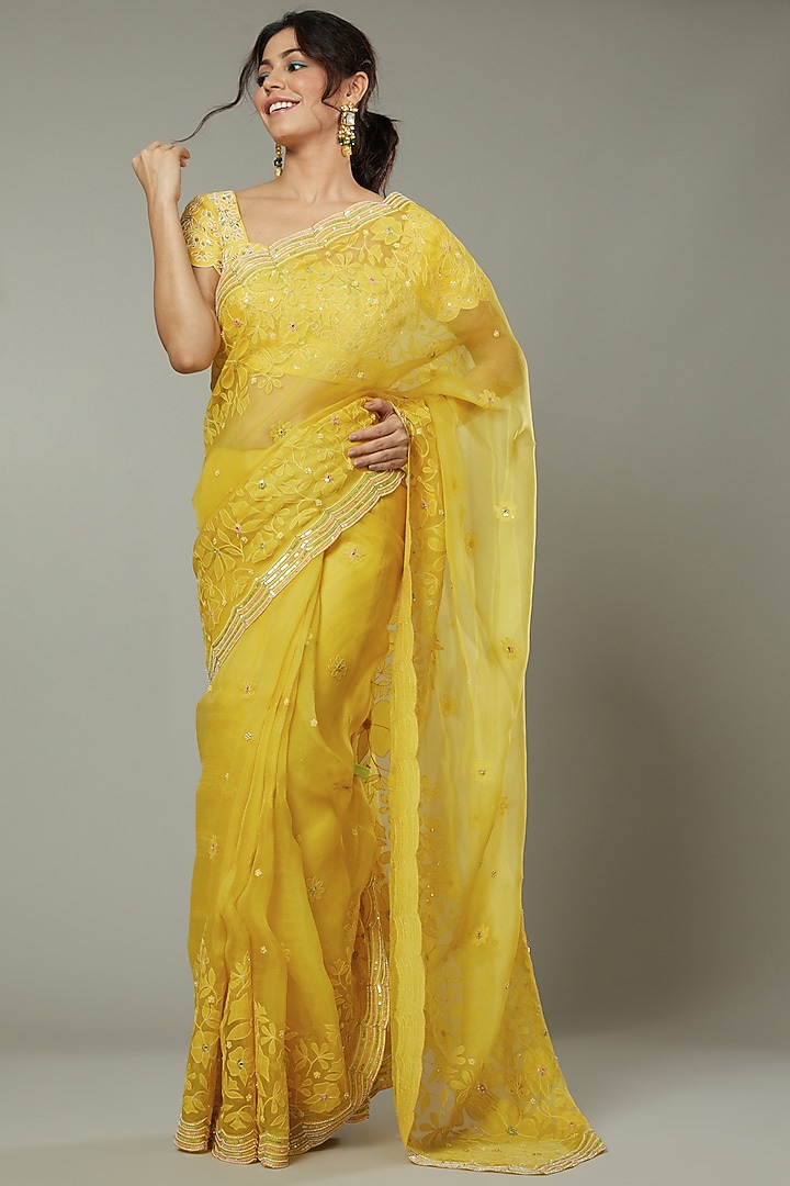 Mango Bite Candy Raw Silk Embroidered Wedding Saree Set by I AM DESIGN at Pernia's Pop Up Shop