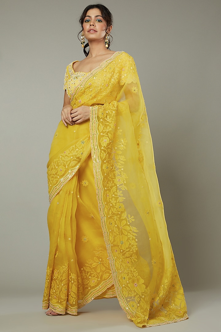 Mango Bite Candy Raw Silk Embroidered Wedding Saree Set by I AM DESIGN at Pernia's Pop Up Shop