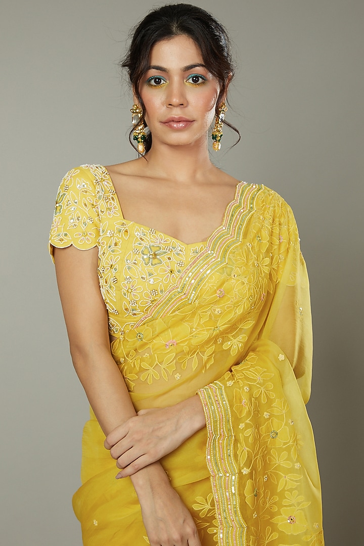 Mango Bite Candy Raw Silk Embroidered Wedding Saree Set by I AM DESIGN at Pernia's Pop Up Shop