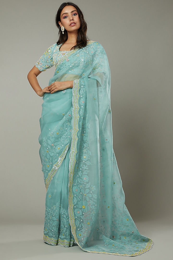 Peppermint Candy Hand Raw Silk Embroidered Wedding Saree Set by I AM DESIGN at Pernia's Pop Up Shop
