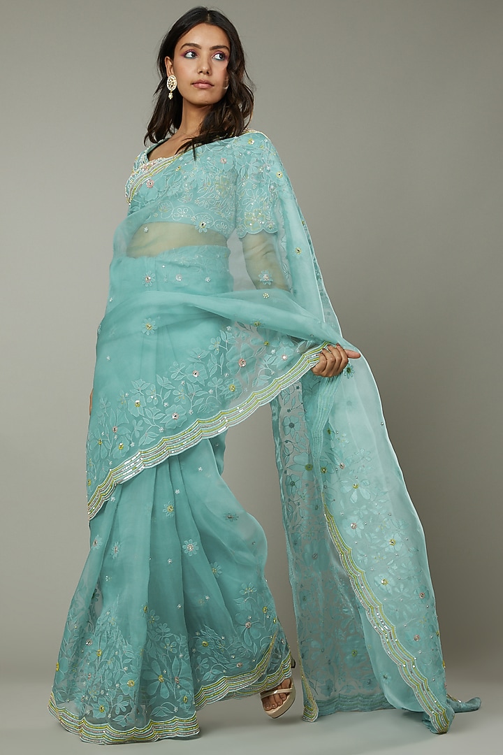 Peppermint Candy Hand Raw Silk Embroidered Wedding Saree Set by I AM DESIGN at Pernia's Pop Up Shop