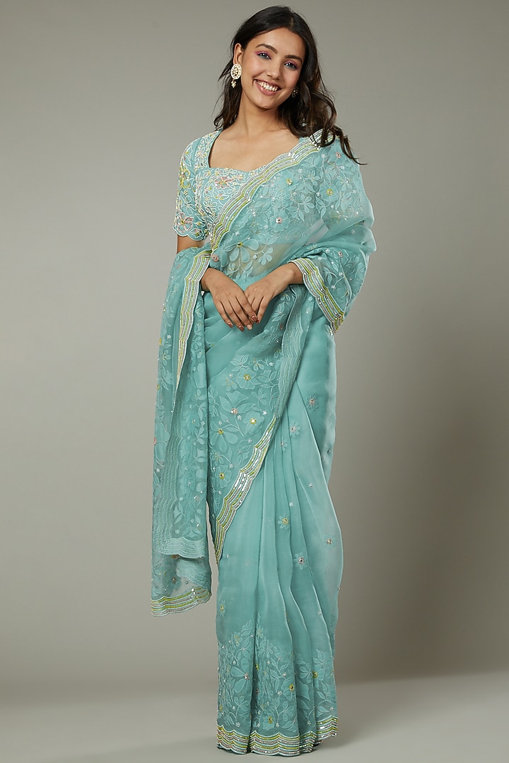 Peppermint Candy Hand Raw Silk Embroidered Wedding Saree Set by I AM DESIGN at Pernia's Pop Up Shop