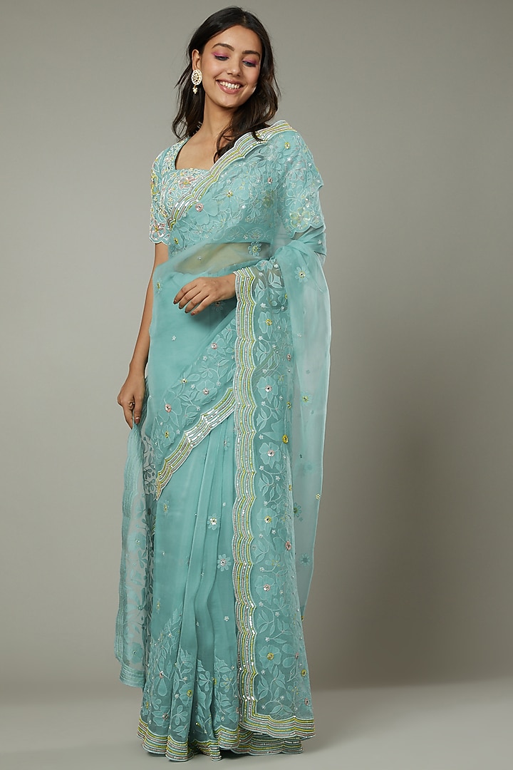 Peppermint Candy Hand Raw Silk Embroidered Wedding Saree Set by I AM DESIGN at Pernia's Pop Up Shop