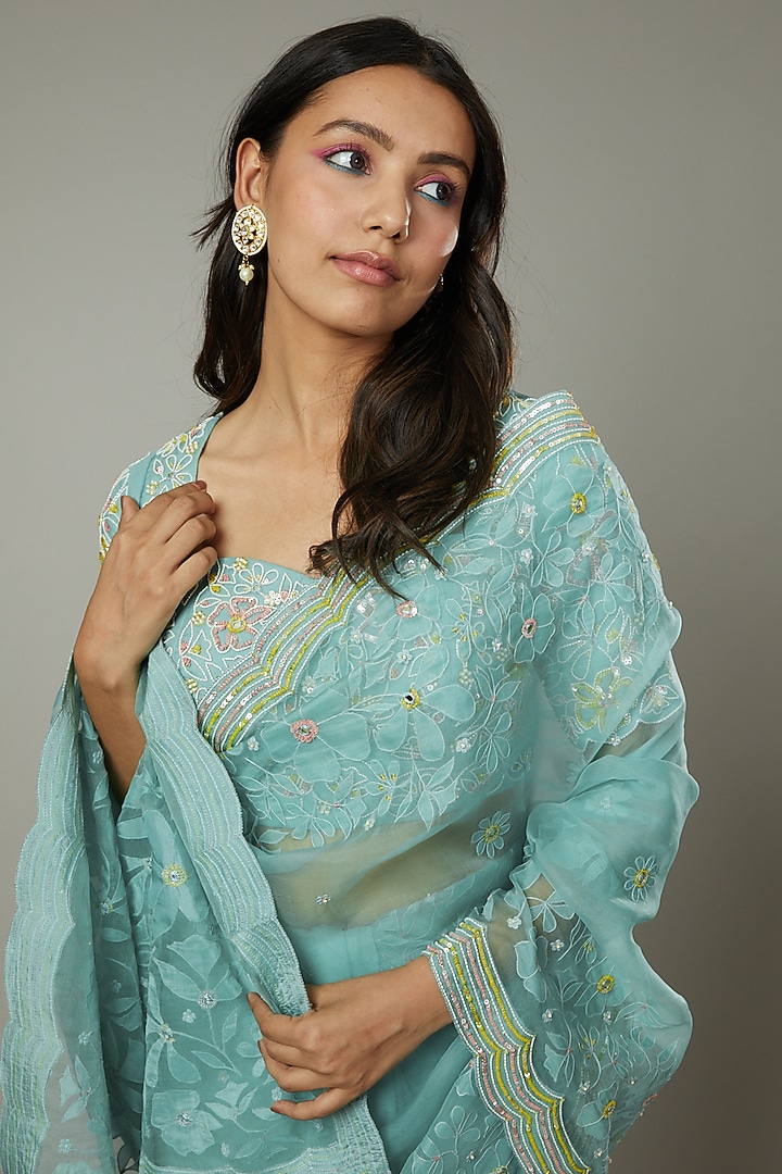 Peppermint Candy Hand Raw Silk Embroidered Wedding Saree Set by I AM DESIGN at Pernia's Pop Up Shop