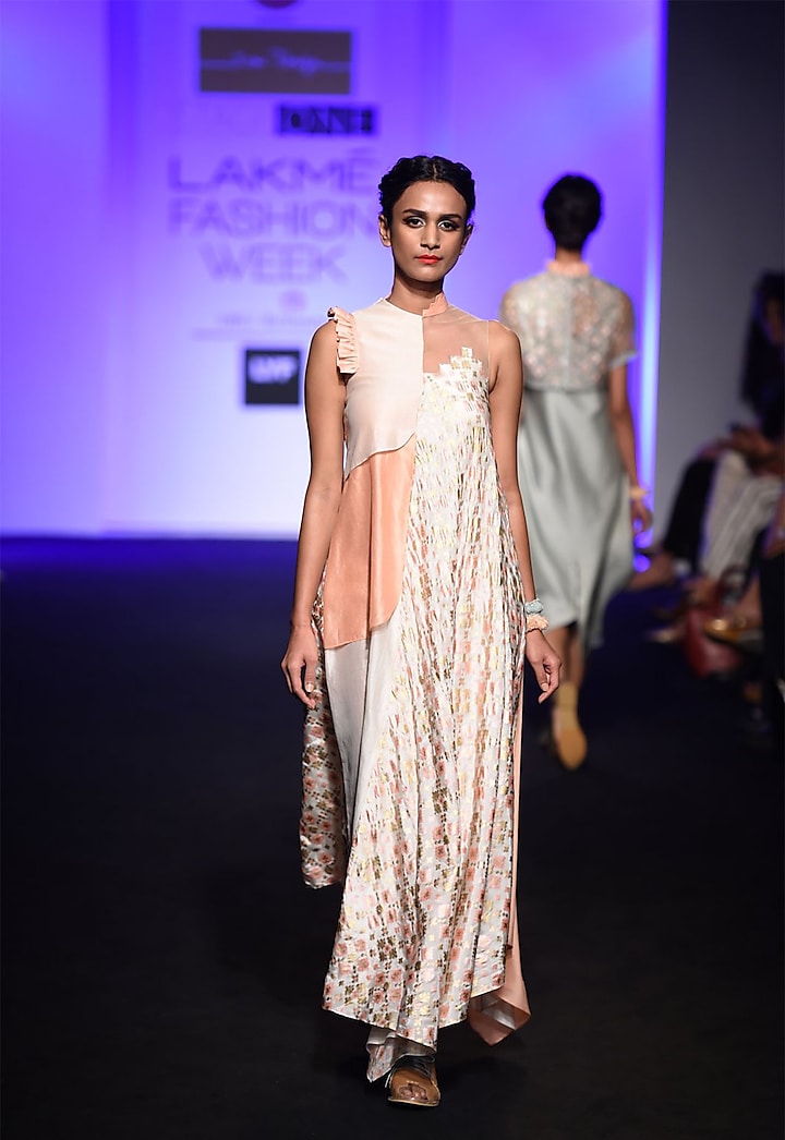 Peach and ivory patola printed layered asymmetric dress by I AM DESIGN