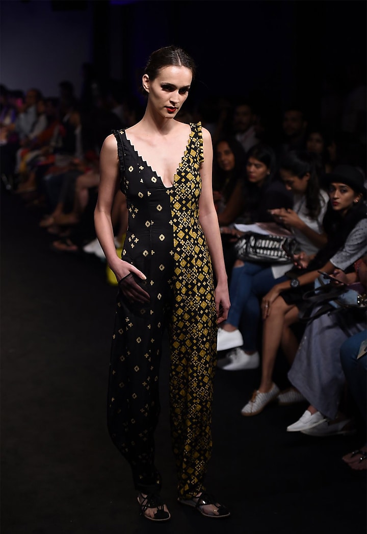 Black and mustard patola printed jumpsuit by I AM DESIGN