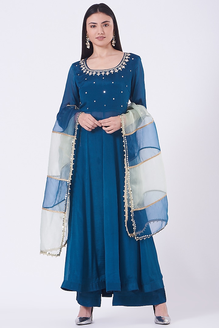 Indigo Mirror Embroidered Flared Anarkali Set by Ivory by dipika