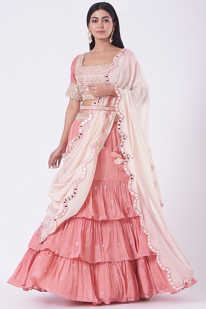 Rose Pink Tiered Wedding Lehenga Set by Ivory by dipika at Pernia's Pop Up Shop
