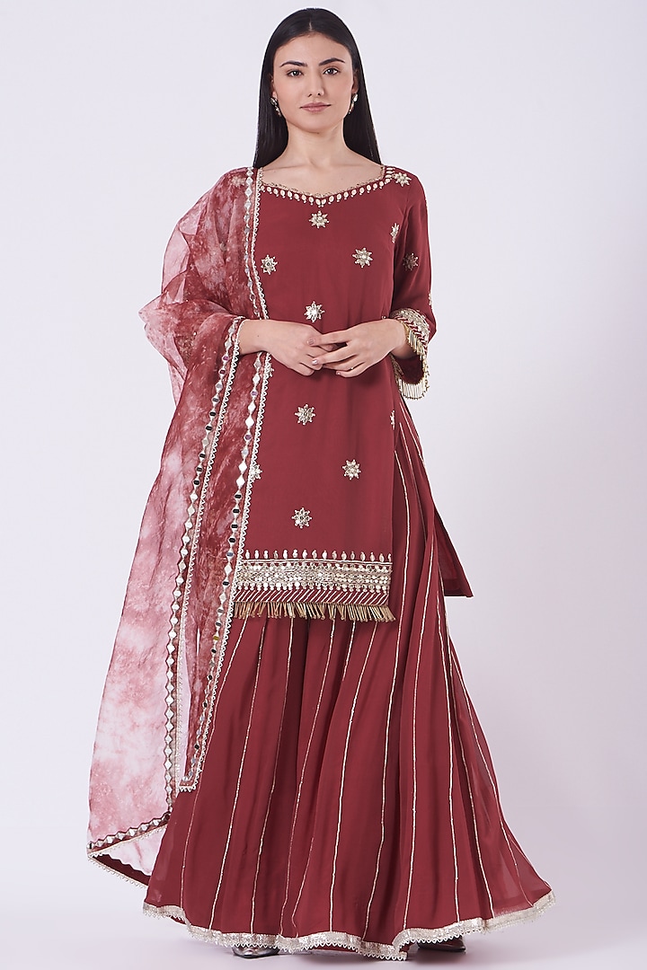 Rust Georgette Dori Embroidered Flared Gharara Set by Ivory by dipika