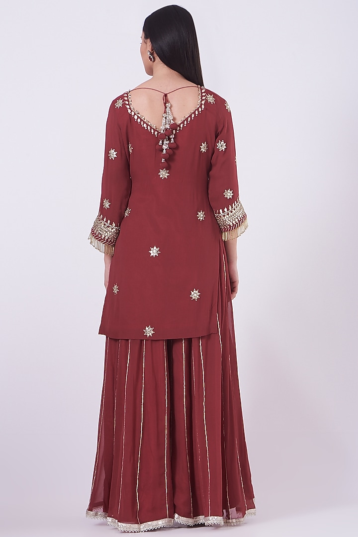 Rust Georgette Dori Embroidered Flared Gharara Set by Ivory by dipika at Pernia's Pop Up Shop