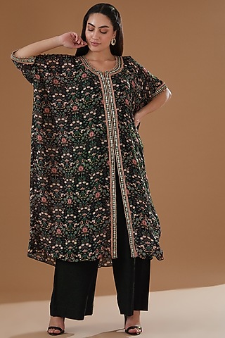Black Chiffon Floral Printed & Embroidered Kaftan Set by Ivory by dipika