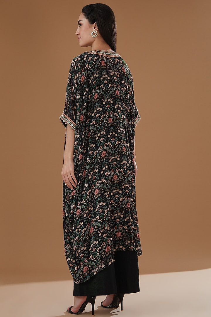 Black Chiffon Floral Printed & Embroidered Kaftan Set by Ivory by dipika at Pernia's Pop Up Shop