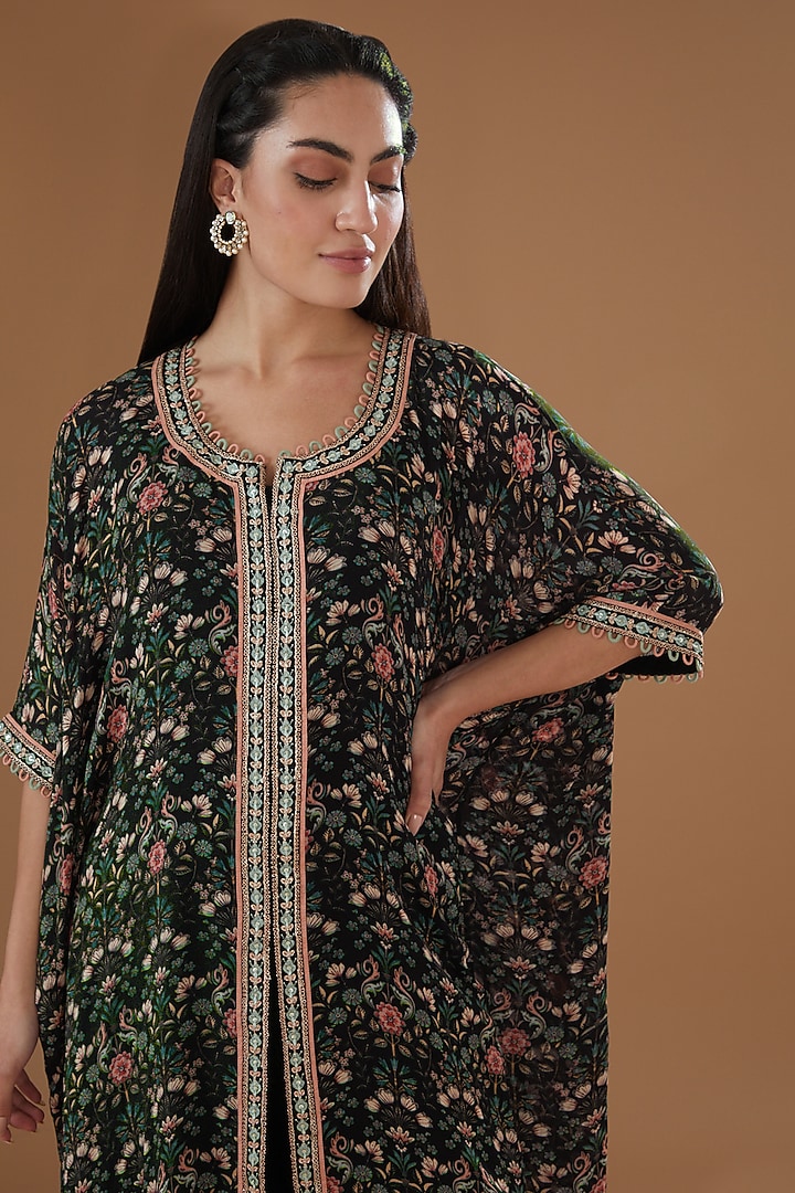 Black Chiffon Floral Printed & Embroidered Kaftan Set by Ivory by dipika at Pernia's Pop Up Shop