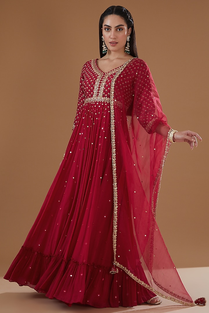Cherry Red Silk Printed & Embroidered Anarkali Set by Ivory by dipika