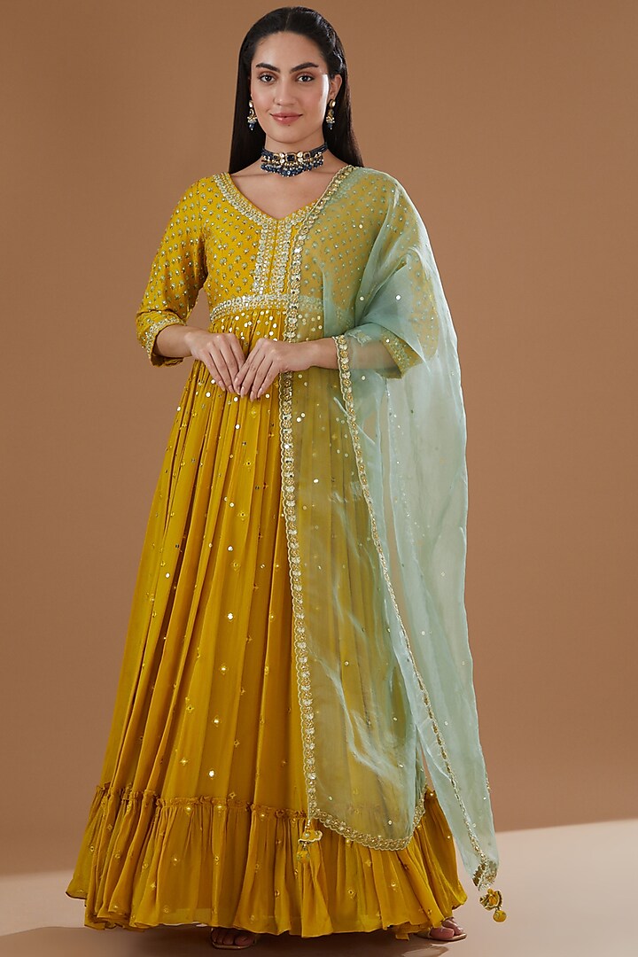 Mustard Silk Printed & Embroidered Anarkali Set by Ivory by dipika