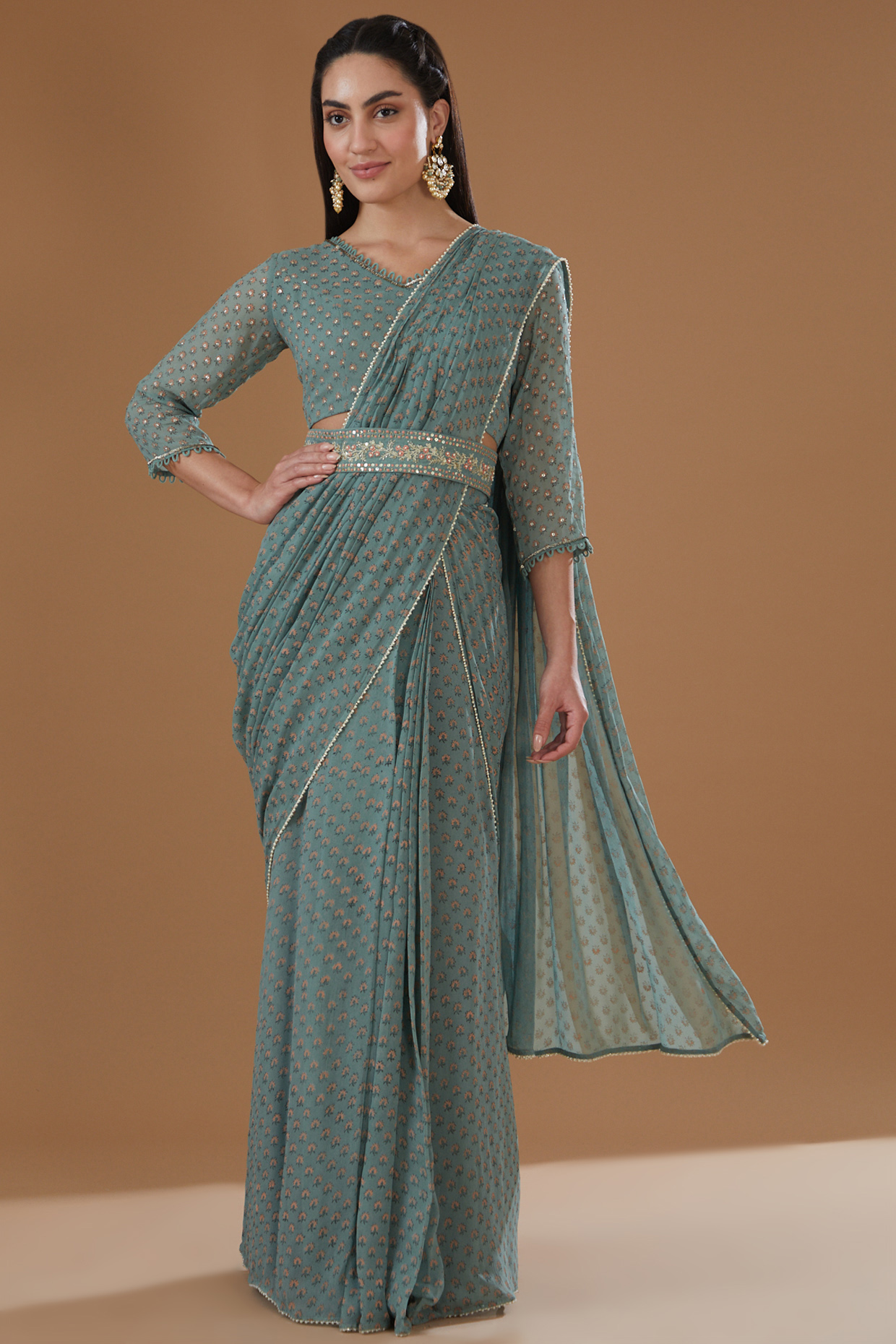 Aqua Georgette Block Printed Draped Party Wear Saree Set by Ivory by dipika at Pernia's Pop Up Shop