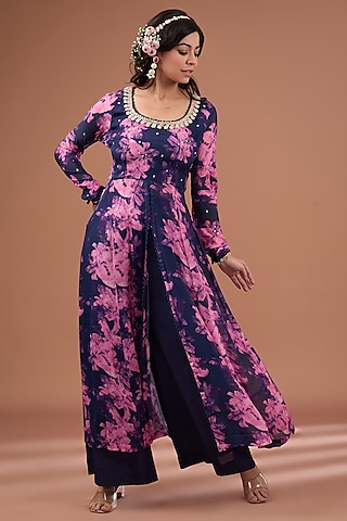 Indigo Chinon Chiffon Floral Printed & Dori Embroidered Kurta Set by Ivory by dipika