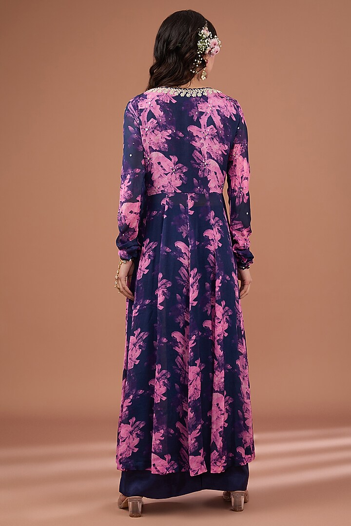 Indigo Chinon Chiffon Floral Printed & Dori Embroidered Kurta Set by Ivory by dipika at Pernia's Pop Up Shop
