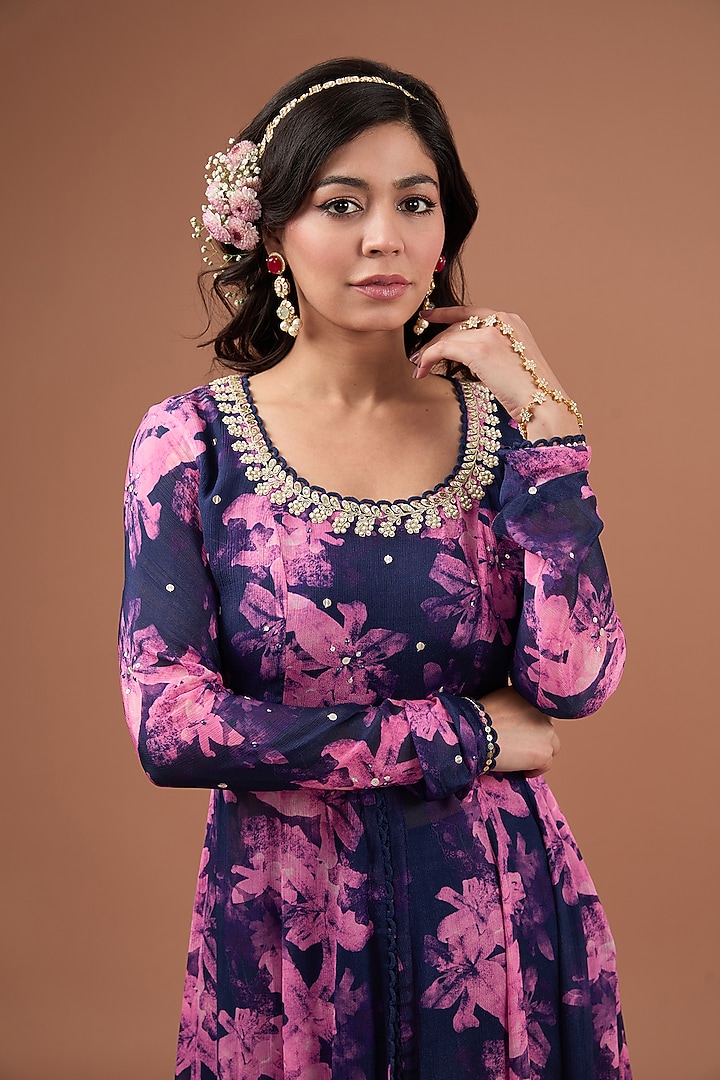Indigo Chinon Chiffon Floral Printed & Dori Embroidered Kurta Set by Ivory by dipika at Pernia's Pop Up Shop