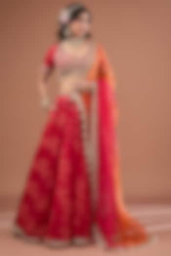 Cherry Red Organza Floral Printed & Dori Embroidered Lehenga Set by Ivory by dipika