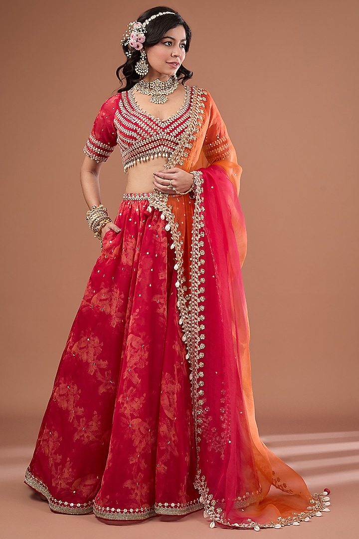 Cherry Red Organza Floral Printed & Dori Embroidered Lehenga Set by Ivory by dipika