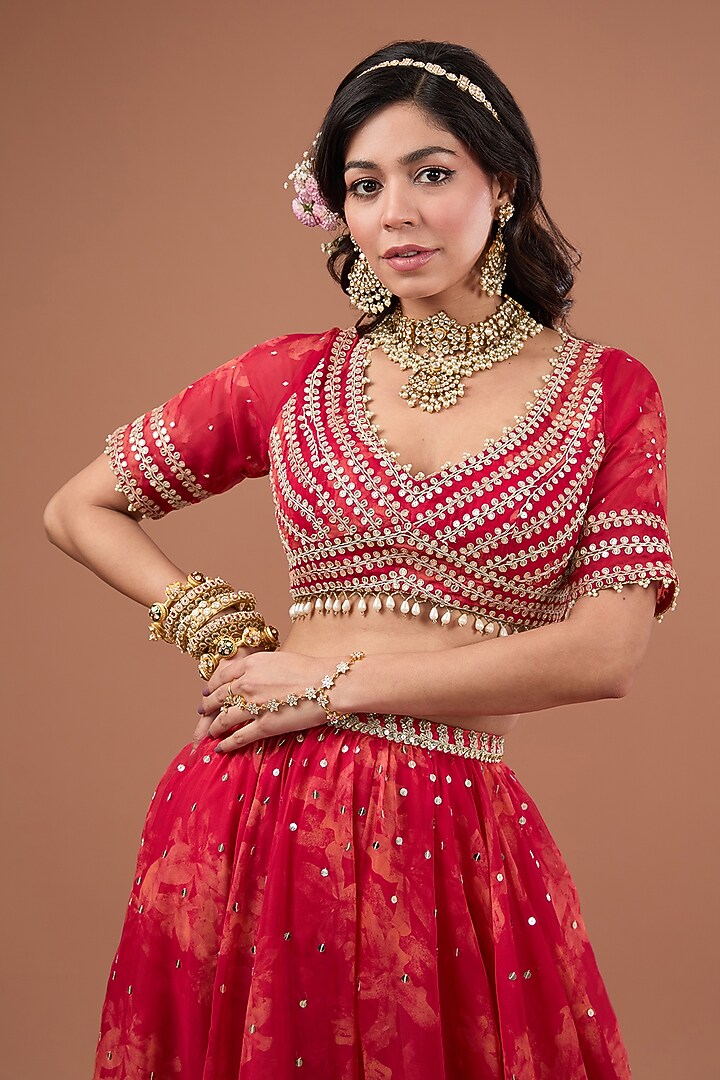 Cherry Red Organza Floral Printed & Dori Embroidered Wedding Lehenga Set by Ivory by dipika at Pernia's Pop Up Shop