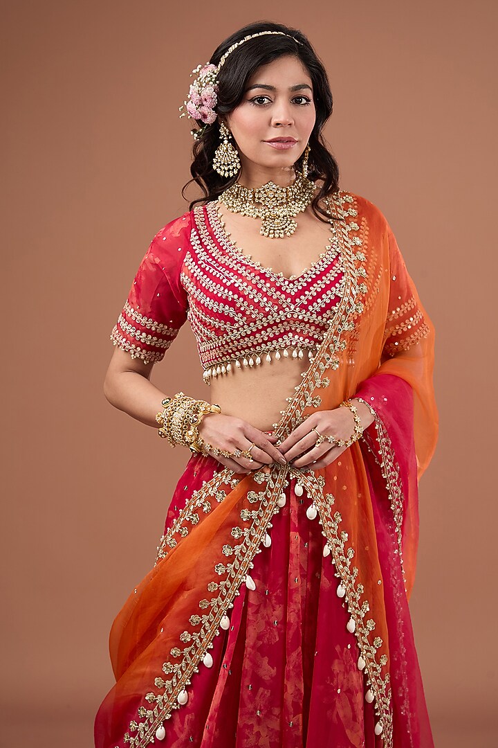 Cherry Red Organza Floral Printed & Dori Embroidered Wedding Lehenga Set by Ivory by dipika at Pernia's Pop Up Shop