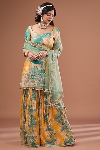 Yellow Chinon Chiffon Printed Sharara Set by Ivory by dipika