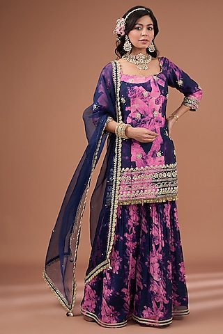 Indigo Chinon Chiffon Printed Sharara Set by Ivory by dipika