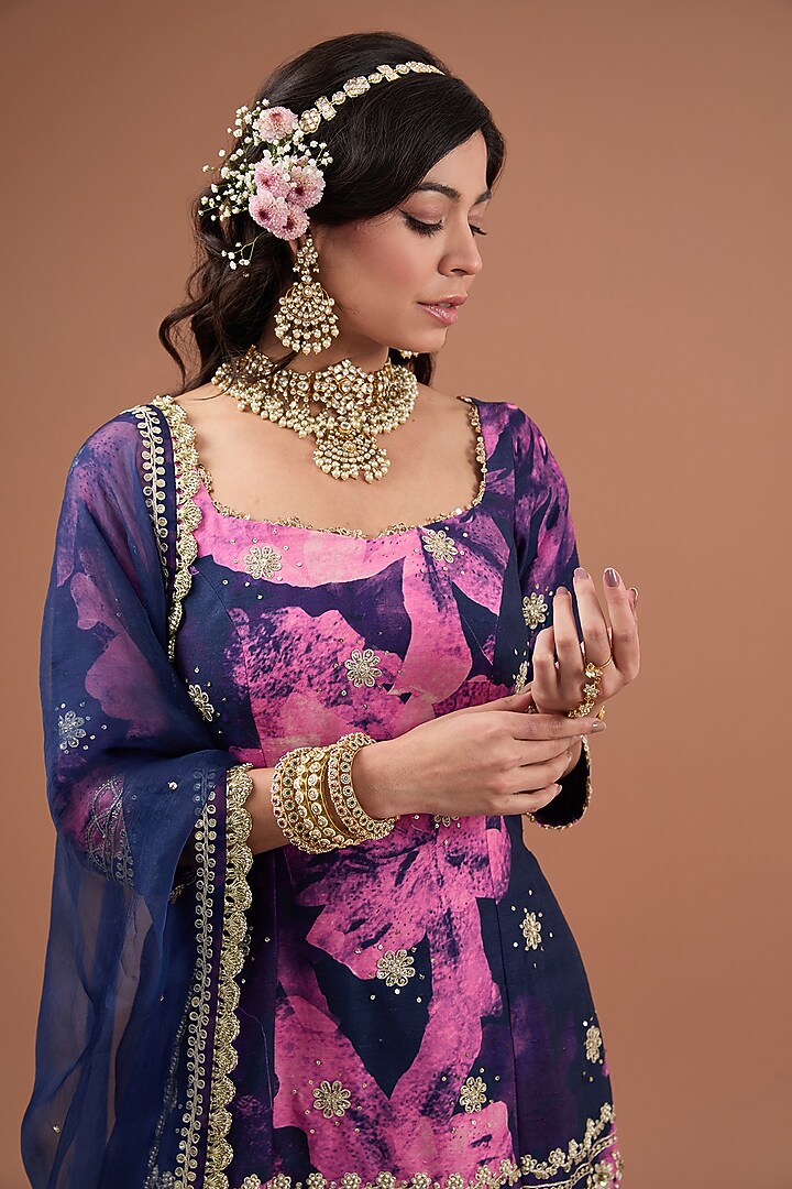Indigo Chinon Chiffon Printed Wedding Sharara Set by Ivory by dipika at Pernia's Pop Up Shop