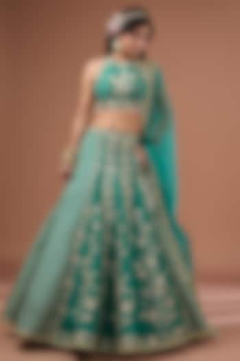 Green Silk Printed & Embroidered Concept Lehenga Set by Ivory by dipika