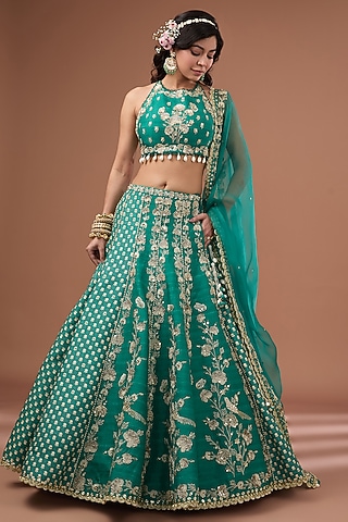 Green Silk Printed & Embroidered Concept Lehenga Set by Ivory by dipika