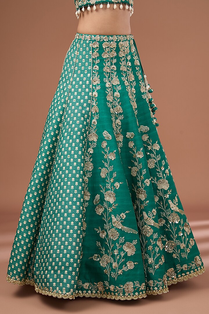 Green Silk Printed & Embroidered Concept Wedding Lehenga Set by Ivory by dipika at Pernia's Pop Up Shop