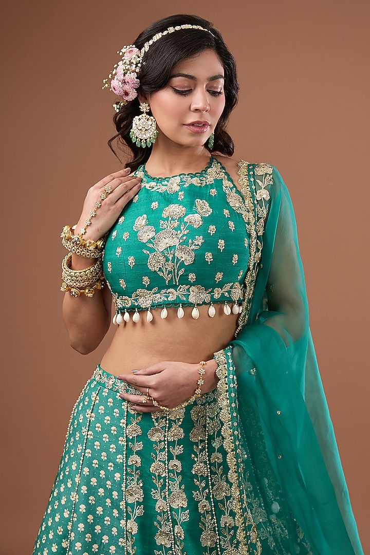 Green Silk Printed & Embroidered Concept Wedding Lehenga Set by Ivory by dipika at Pernia's Pop Up Shop