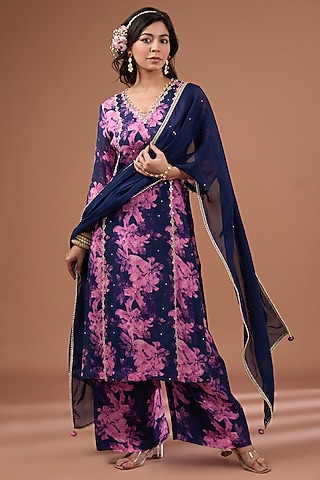 Indigo Chinon Chiffon Printed & Embroidered Kurta Set by Ivory by dipika