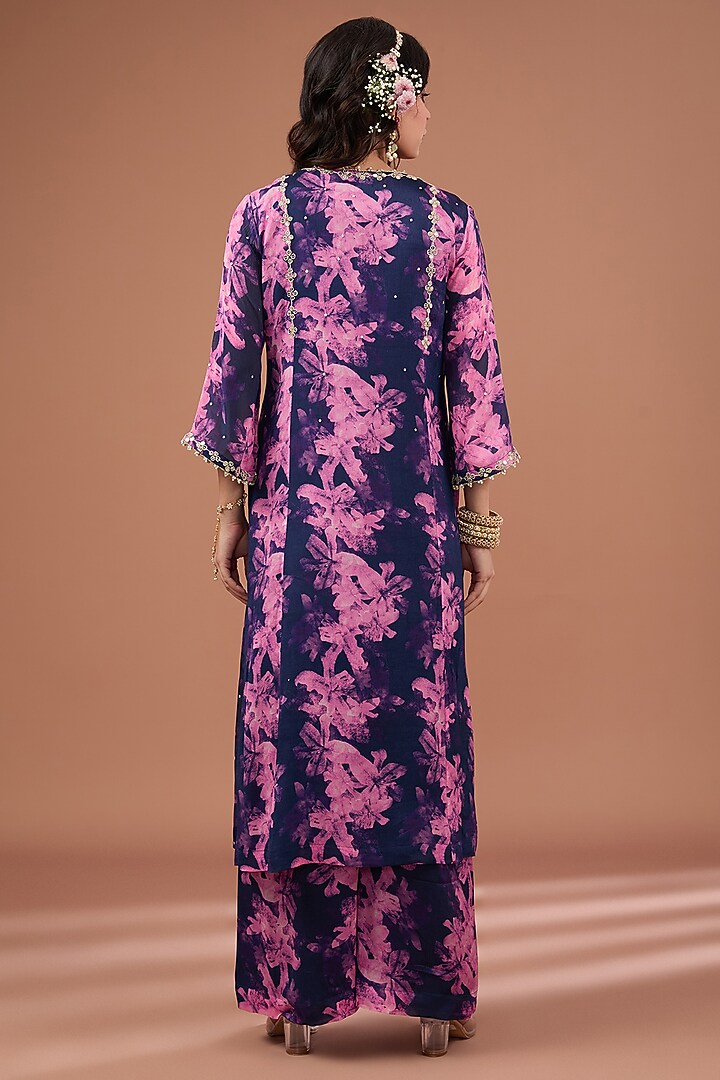 Indigo Chinon Chiffon Printed & Embroidered Kurta Set by Ivory by dipika at Pernia's Pop Up Shop