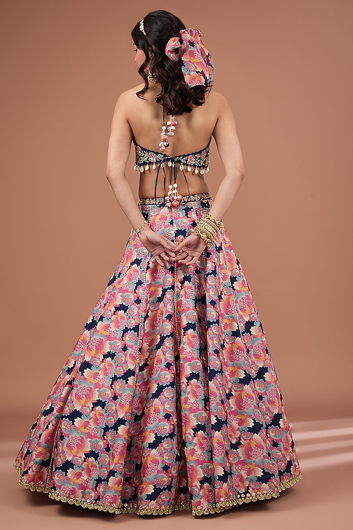 Indigo Silk Printed & Embroidered Concept Wedding Lehenga Set by Ivory by dipika at Pernia's Pop Up Shop